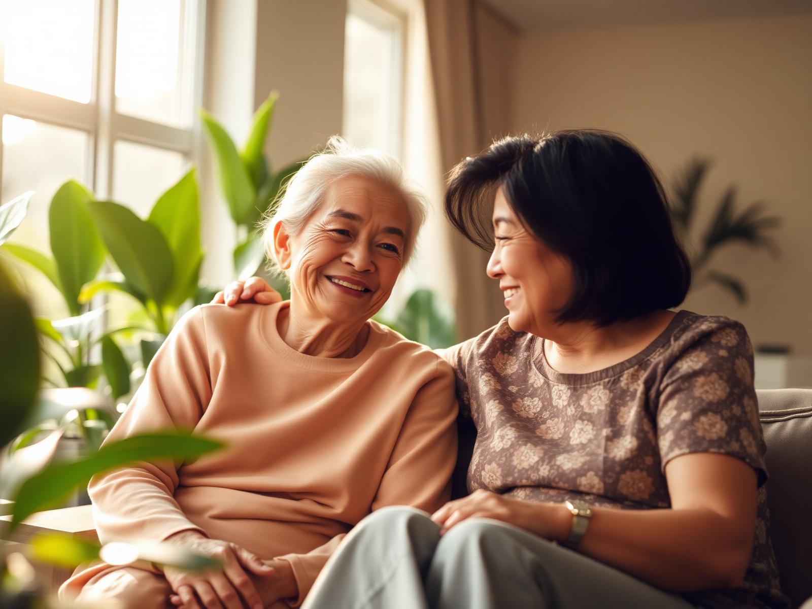 Caregiver sharing a warm moment with elderly resident at Unique Elderly Care Centre