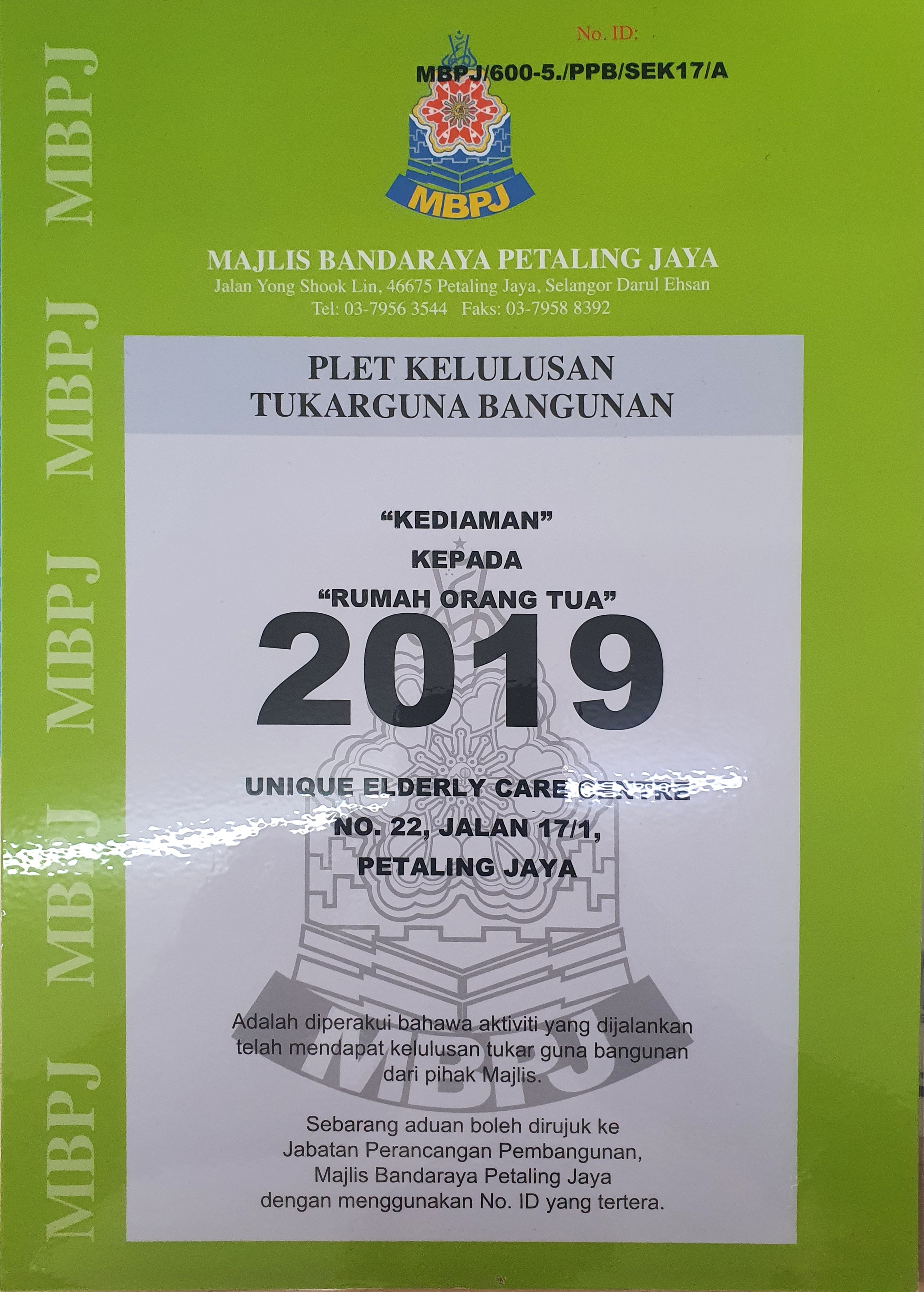 Unique Elderly Care Centre licence for 2019