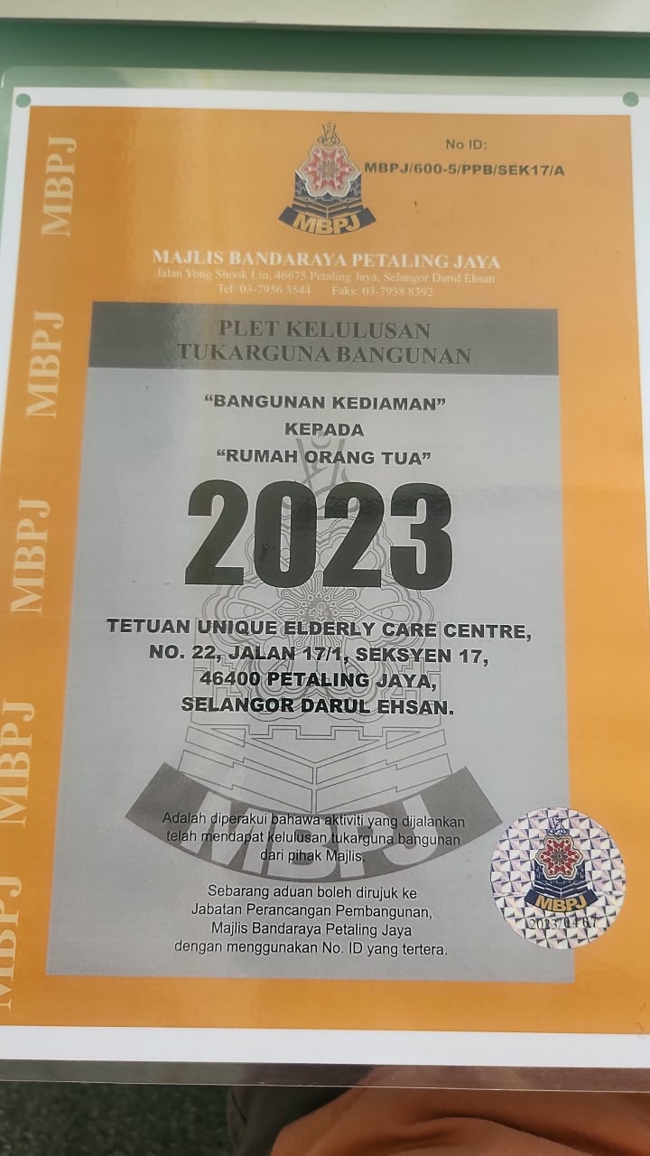 Unique Elderly Care Centre licence for 2023
